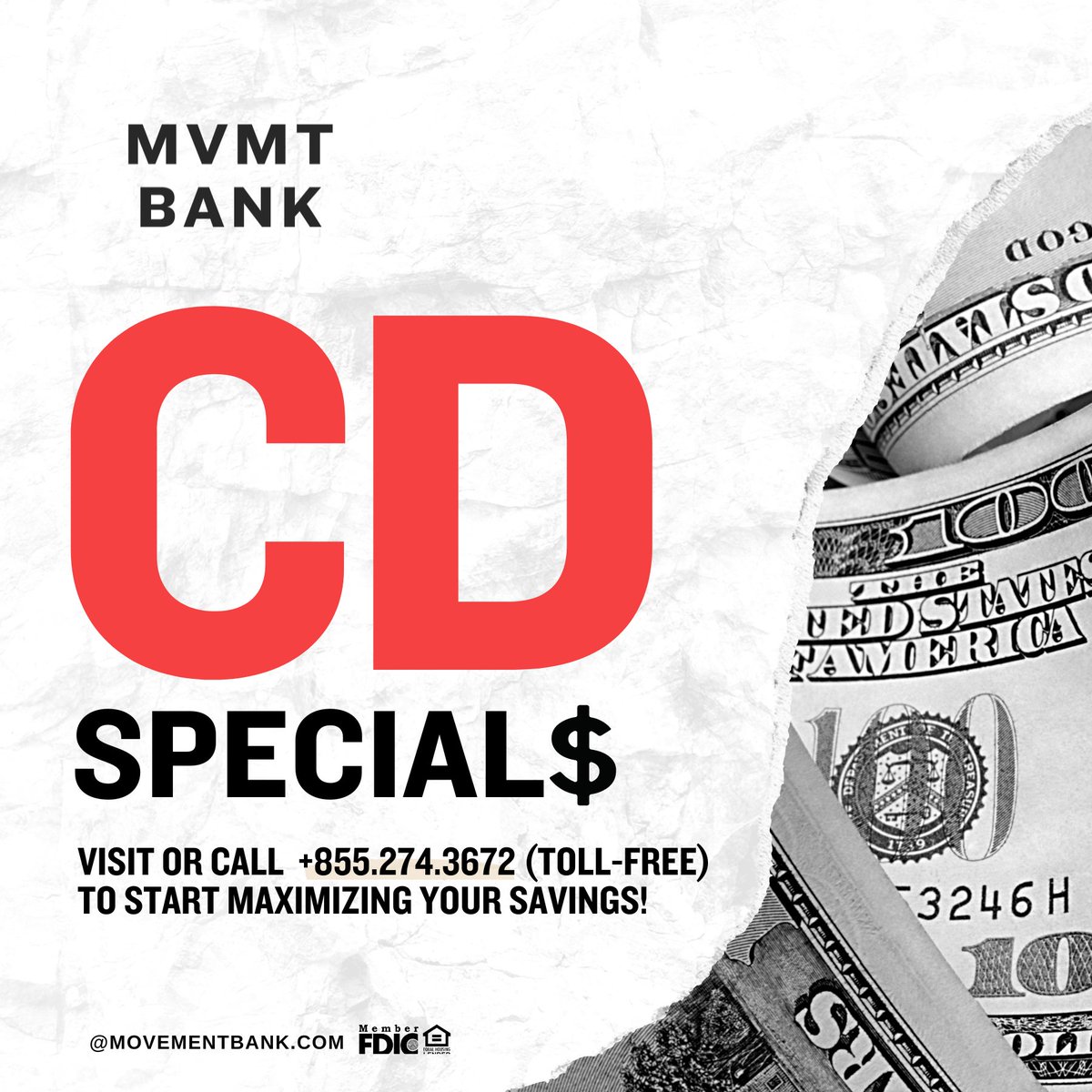 Lock in a guaranteed return on your investment when you take advantage of any of our Spring CD specials! Visit a branch near you or call us toll-free at 855-274-3672 to start maximizing your savings!

#MovementBankl #Savings #Investing #FinancialGoals  #FinancialWealth