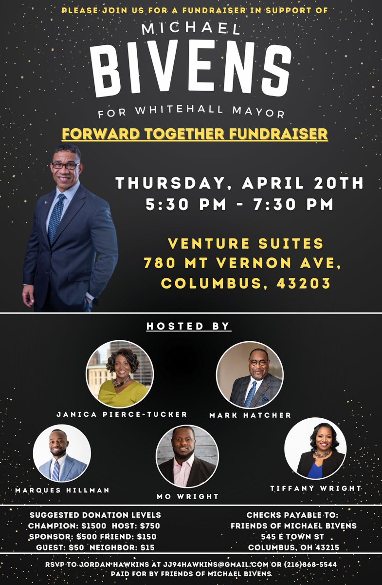 MBivens4Mayor's tweet photo. Please Join Us this Thursday, April 20th, 5:30pm - 7:30pm for Fundraiser in support of Michael Bivens for Whitehall Mayor #michaelbivensformayor #forwardtogetherwhitehall #whitehallohio https://t.co/y5g5JQBNTz