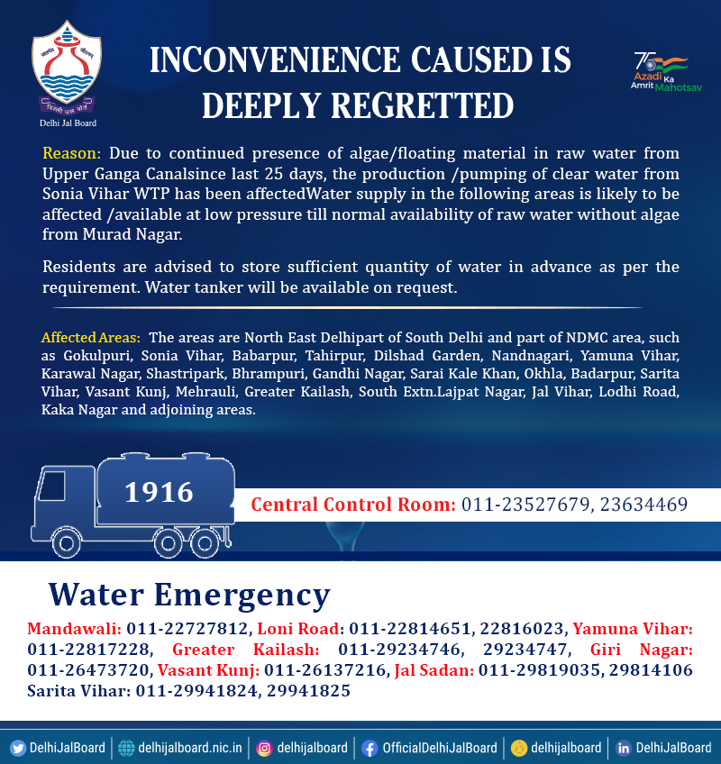 DelhiJalBoard's tweet photo. Water supply in the following areas is likely to be affected /available at low pressure till normal availability of raw water without algae from Murad Nagar.

@attorneybharti 

#DJB4U #DJBMissionMode #DJBWaterAlert https://t.co/si6RDjdaph