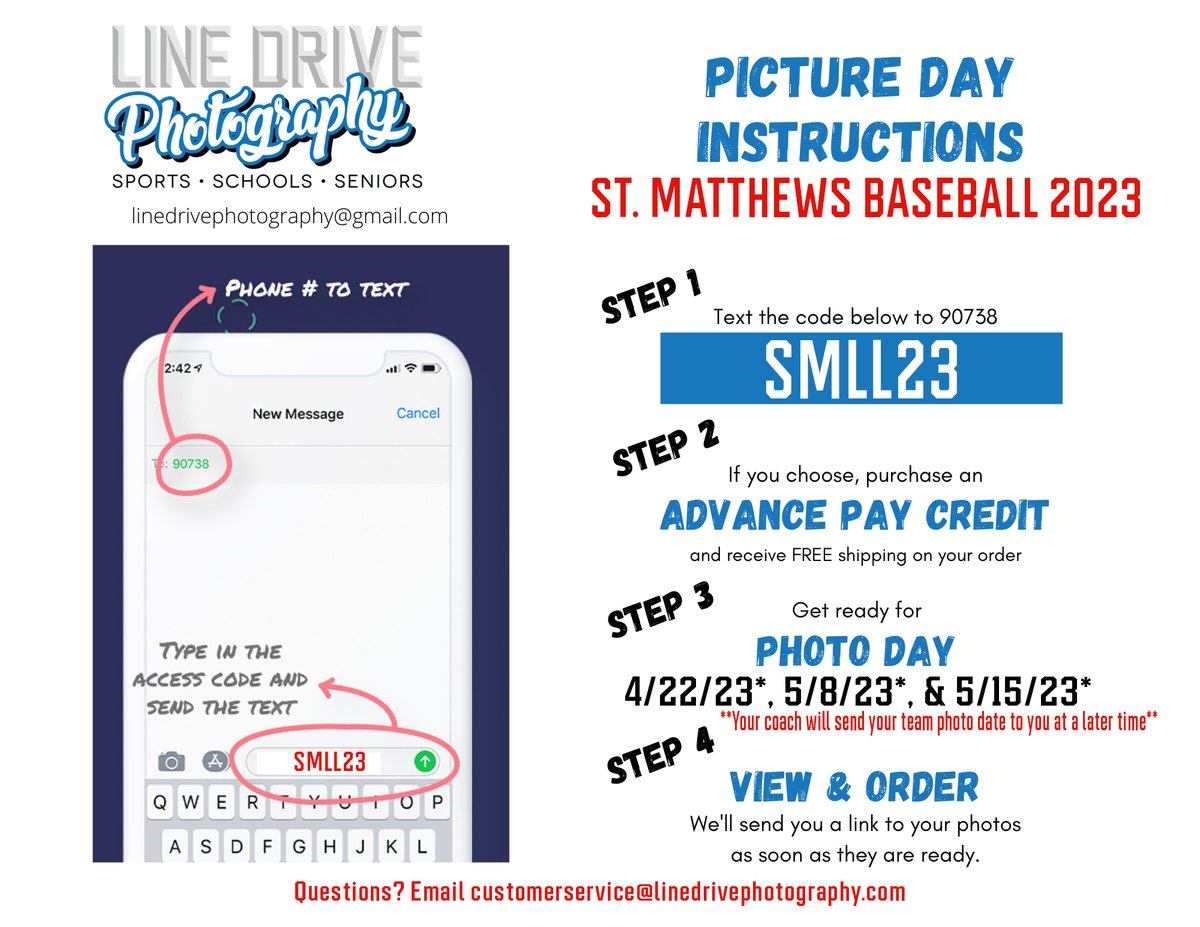Parents, Photo day #1 is scheduled for 4/22 which is this Saturday! Please contact your coach directly for specific times.  Photo day #2 -5/8/23 Photo day #3 -5/15/23  Each team will be scheduled for one of the three days,  the days are not interchangeable. See you at the park!