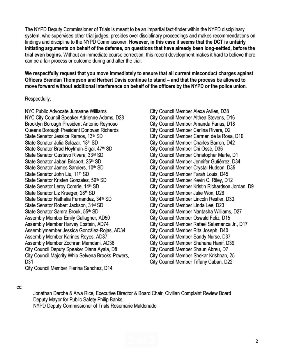 Joo-Hyun (joohyunkang@bsky.social) (@joohyun_kang) on Twitter photo 🚨Outrageous: NYPD may toss 1 of multiple misconduct charges on officers who killed Kawaski Trawick.
Thank you to 50 electeds who sent urgent letter this morn for <a href="/NYCMayor/">Mayor Eric Adams</a> & <a href="/NYPDPC/">Jessica S. Tisch</a> to stop NYPD from tossing charges in last moments b4 April 24 trial. #FireThompsonAndDavis 🚨Outrageous: NYPD may toss 1 of multiple misconduct charges on officers who killed Kawaski Trawick.
Thank you to 50 electeds who sent urgent letter this morn for <a href="/NYCMayor/">Mayor Eric Adams</a> & <a href="/NYPDPC/">Jessica S. Tisch</a> to stop NYPD from tossing charges in last moments b4 April 24 trial. #FireThompsonAndDavis