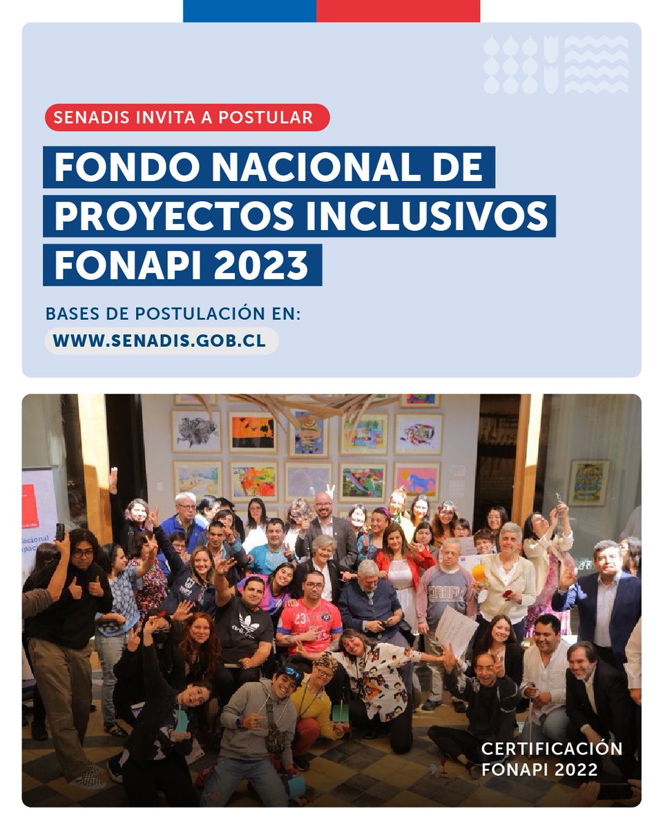 Hasta el 8 de mayo estarán abiertas las postulaciones al Fondo Nacional de Proyectos Inclusivos, FONAPI 2023 de SENADIS que financia iniciativas que aporten a la inclusión social de las personas con discapacidad. Toda la información en senadis.gob.cl