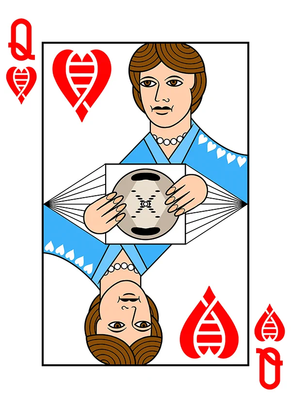 Queen of Hearts holding a a clear diffraction pattern for B-Form DNA on a playing card (a tribute to Rosalind Franklin)