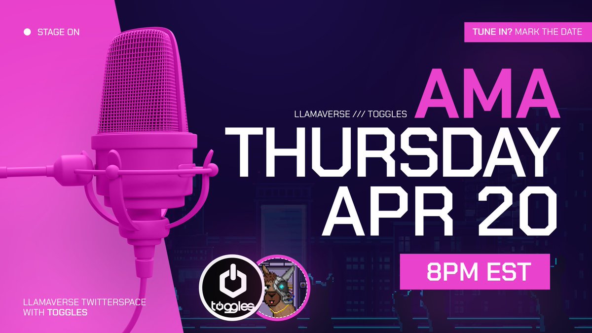 Llamaverse (@llamaverse_) on Twitter photo Join us for a Twitterspace AMA with <a href="/TogglesUniverse/">Toggles Universe</a>
🗓️ When: Apr 20 2023
⏰ Time: 8 PM EST
🔔 Set Reminder: x.com/i/spaces/1lPJq… Join us for a Twitterspace AMA with <a href="/TogglesUniverse/">Toggles Universe</a>
🗓️ When: Apr 20 2023
⏰ Time: 8 PM EST
🔔 Set Reminder: x.com/i/spaces/1lPJq…