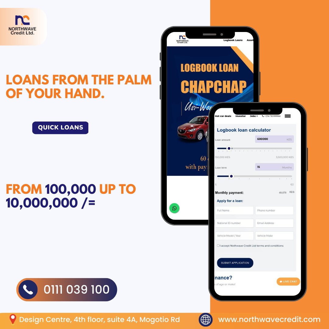 NorthwaveLtd's tweet photo. "EASY ACCESS OF UP TO 10,000,000 FROM ANYWHERE YOU ARE "

Get a logbook loan, asset finance loan, an LPO loan or import financing loan from us today.
📲 Contact us on : 0111 039 100
or
APPLY NOW https://t.co/1rYn6yRdEP

  #LogBookLoans  #quickloans #loansinkenya #loansin6hrs https://t.co/1Ca6xiOfq8