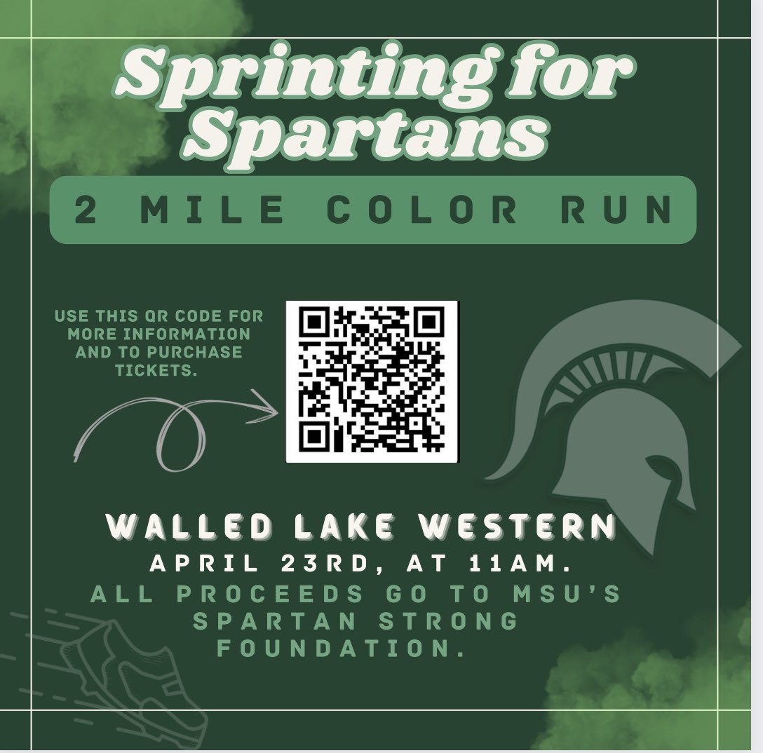 The Sprinting for Spartans Color Run is coming up on Sunday!!! All members of the community are welcome to join. The price is $15 per person and includes a T-shirt. Use the QR code to enter the run. All proceeds with go to the MSU Spartan Strong Foundation.