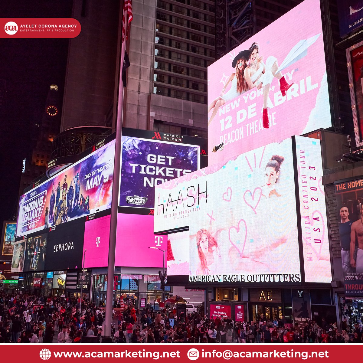 ACAMarketing's tweet photo. We showcased the HAASH (Hanna Nicole & Ashley Grace) at Mi Salida Contigo Tour 2023 concert in Times Square through digital billboard and the energy was electric.
Book your dates 👇
📧 info@acamarketing.net
💻https://t.co/GfsQIywlh5
#HAASH #LEDAds #oohadvertising #BILLBOARD #OOH https://t.co/9Tl9jRO6pB