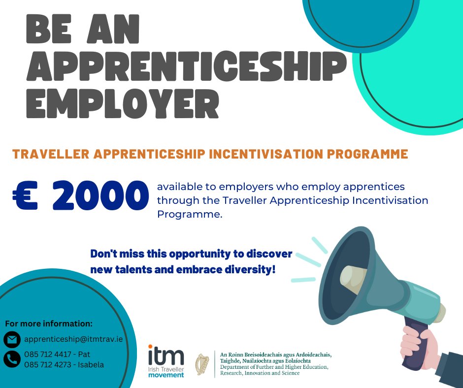 ITM's Traveller Apprenticeship Incentivisation Programme is offering €2,000 to employers who take on Traveller apprenticeships, combining their learning in a training institution with on-the-job learning in a company. 

Applications are OPEN!

linktr.ee/travellerappre…