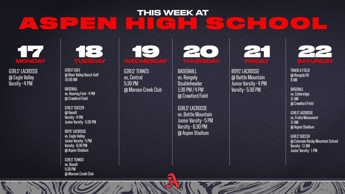 THIS WEEK AT ASPEN HIGH SCHOOL
April 17-22

BUSY WEEK FOR ALL OF US!

We are all in this together.