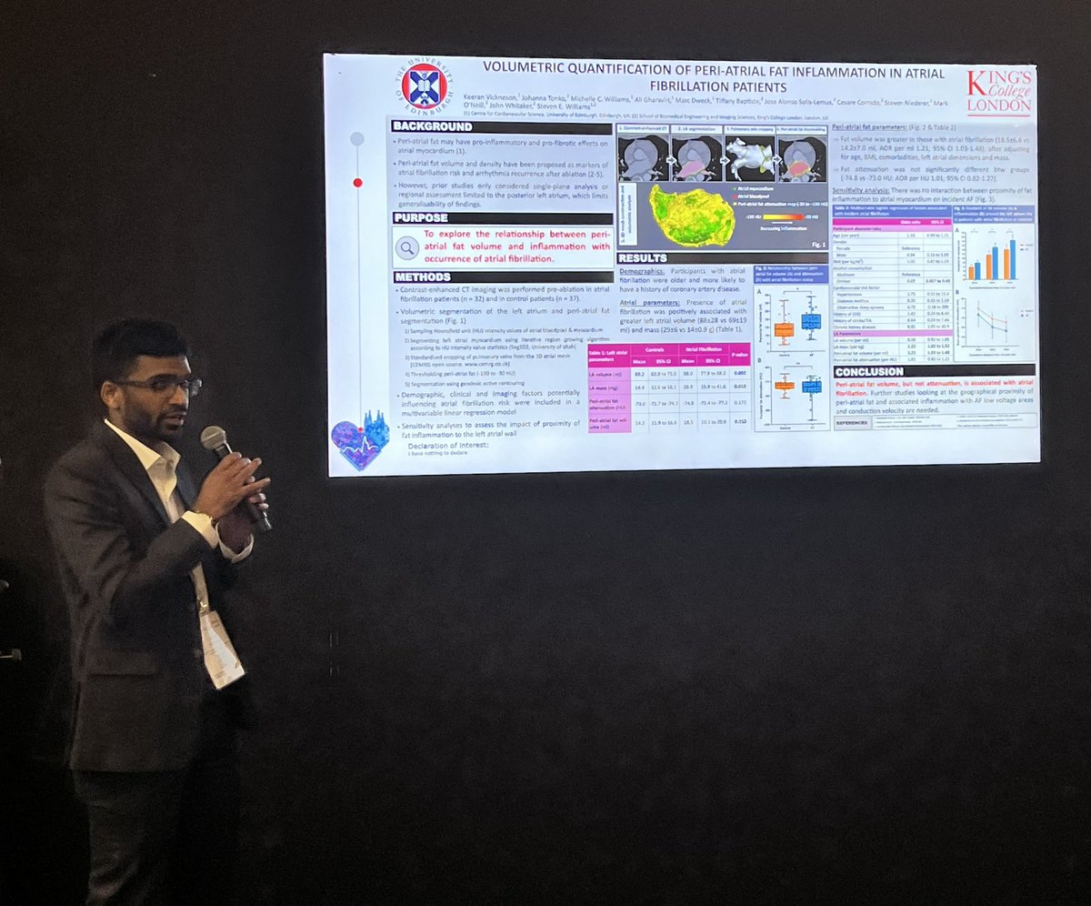 Dr Vickneson <a href="/keeranrising/">Keeran Vickneson</a> in action at #EHRA2023 presenting his great study in peri-atrial fat and fat attenuation <a href="/CEMRG_/">Cardiac Electro-Mechanics Research Group</a> <a href="/ep_kcl/">KCL EP</a> <a href="/EdinUniREA/">EdinUniREA</a> <a href="/EdinUniCVS/">EdinUniCVS</a>