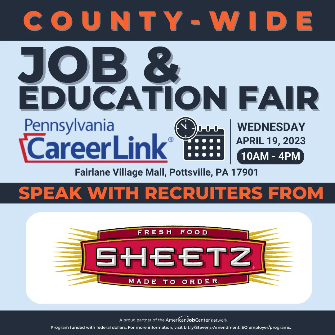 PACLSchuylkillC's tweet photo. Sheetz offers their store employees comprehensive benefits, quarterly bonuses, and competitive pay. Stop by the Job &amp; Education Fair on April 19th to learn why Sheetz is one of Fortune Magazine’s 100 Best Companies to Work For. 

#100BestCos #Sheetz #JobFair #OpenInterviews https://t.co/oJ1bWyXUe3