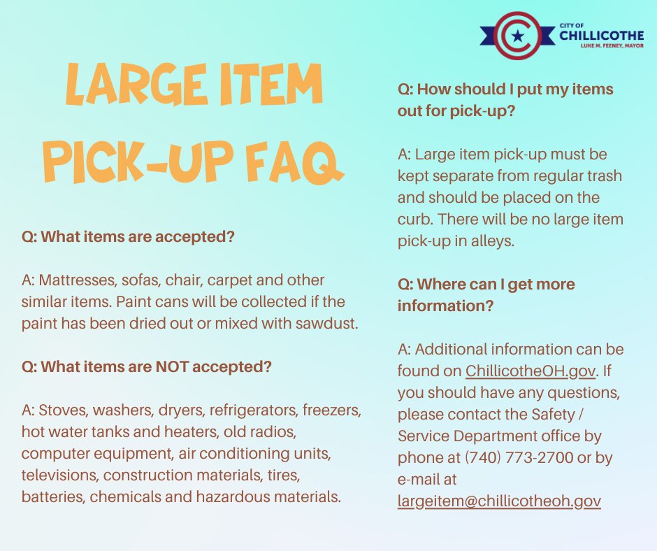 Mayor Luke Feeney announced the City of Chillicothe will provide a large item pick-up service to City residents beginning the week of May 29, 2023.