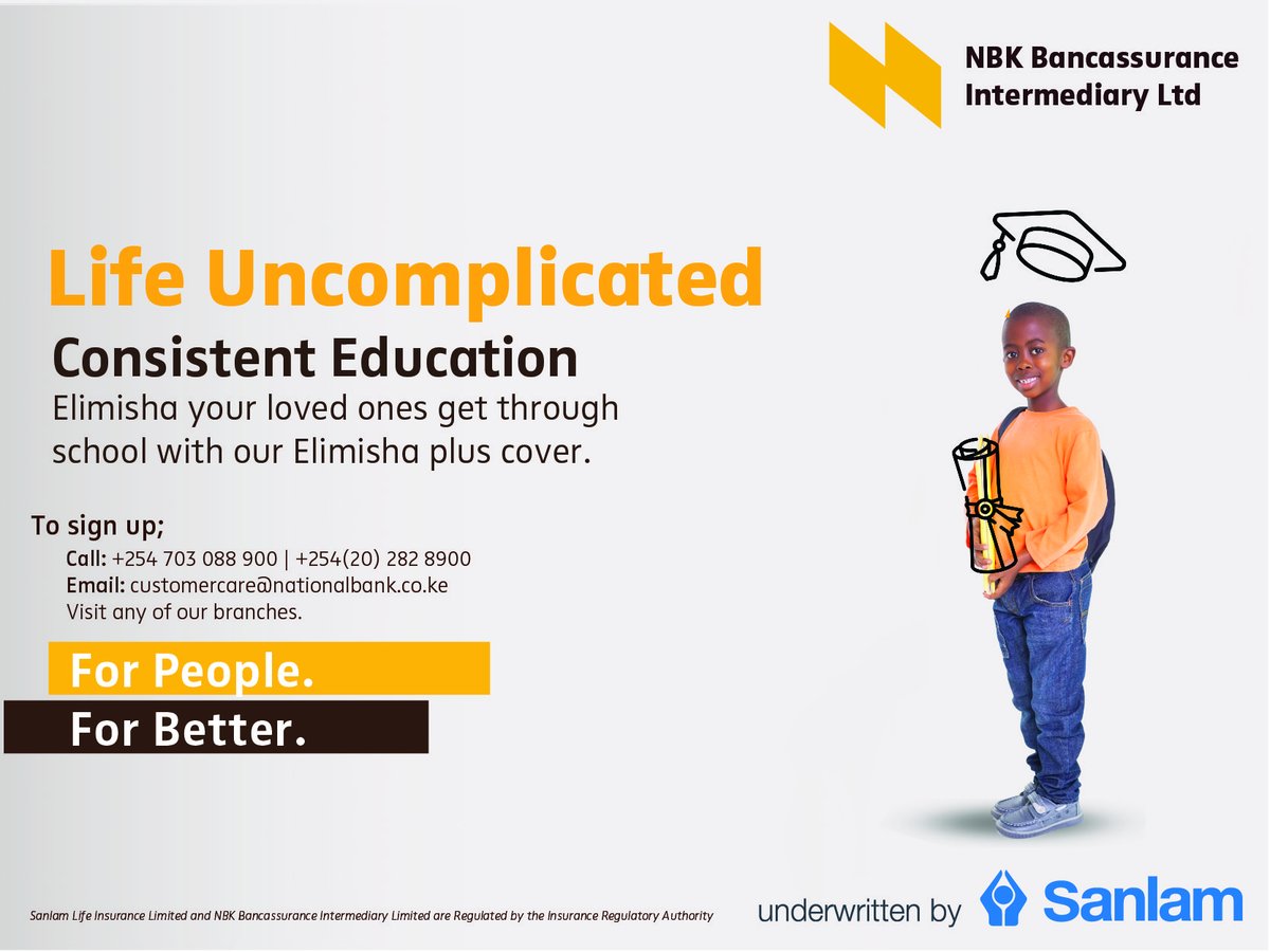 National_Bank's tweet photo. Education is the key to success, and we're here to help you provide your children with the best opportunities. Our Elimisha Plus Cover ensures that your child's education continues even if you're unable to provide for them. #educationforall #simplifiedinsurance https://t.co/yzAy4F94ml