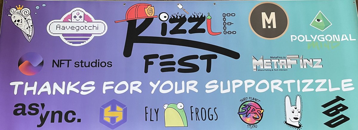 NFTland's tweet photo. gm and thanks for your supportizzle🙏

#rizzlefest 2023 starts in 4 days so i gotta get this big ass banner over to the post office🚀

also i challenge you to find a fake conference w/ a better list of sponsors🤘

also fyi @Saschlander is the tadpole🫡🐸 https://t.co/JisOhtmwxP