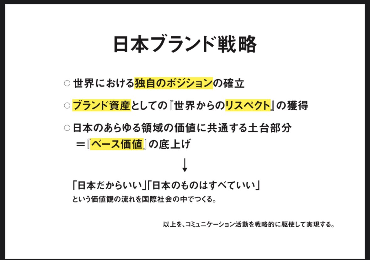 junichisaito's tweet photo. ブランド戦略のつくり方は、佐藤可士和さんの日本ブランド戦略2020(内閣府資料)を何度もみておきたい

ブランドストーリーの構築と戦略的イメージコントロールの考え方を整理することが重要
↓
その方法は、たくさんある強みに
①優先順位をつけ
②その関係性を整理し
③わかりやすいストーリーを構築する
↓
そして、明確な意図を持ったイメージコントロールを行う

強いブランドを生むためには、この３つの要素をシンプルにやり続けることが本当に大切…

このブランドの本質がまとめられた資料が無料公開されていることに感謝です。

※URL
https://t.co/F9rgSJ7osT