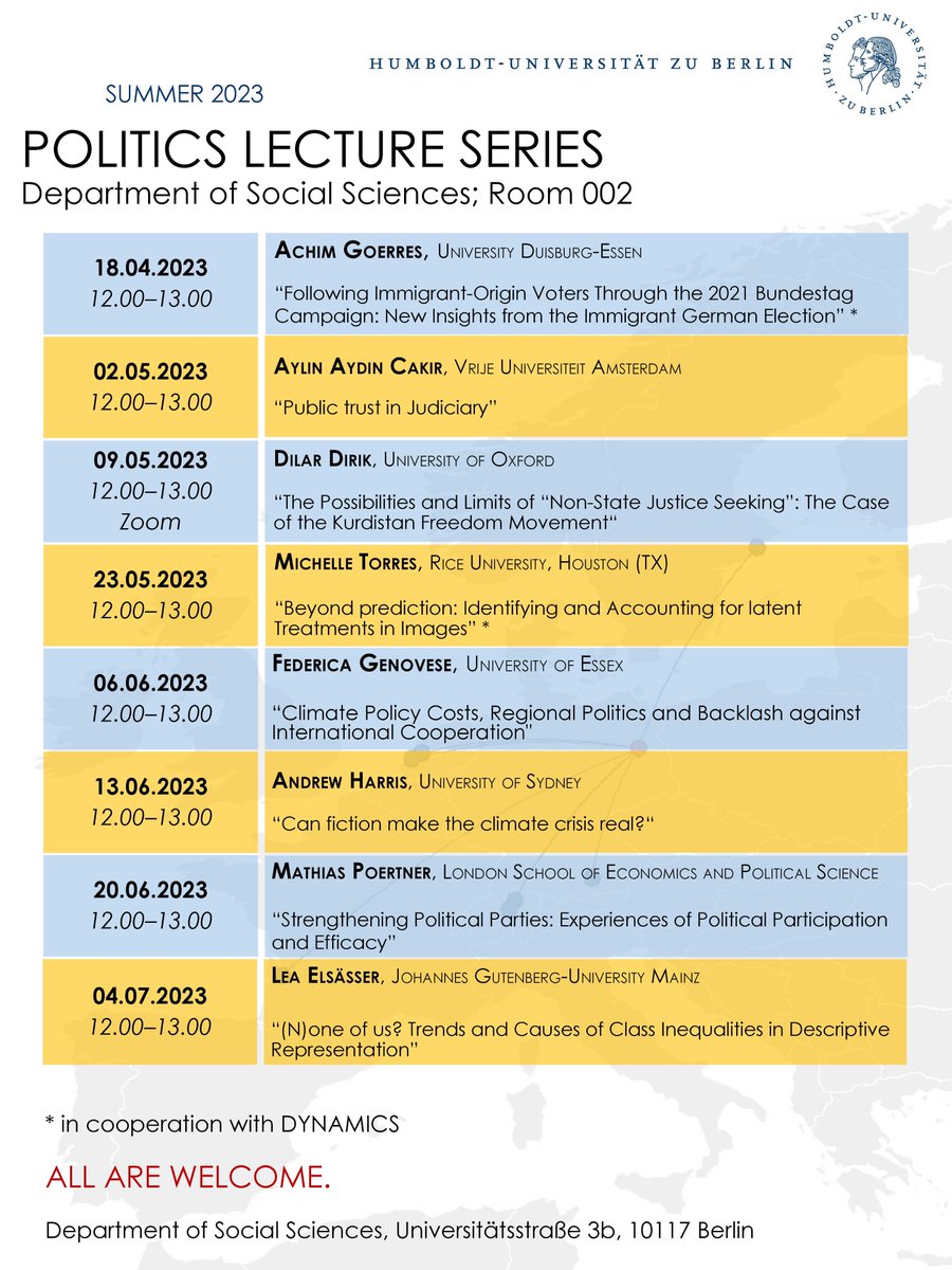 hanna schwander (@hannaschwander) on Twitter photo With today's start of the summer term
<a href="/HumboldtUni/">Humboldt-Universität zu Berlin</a>, I am happy to share our fantastic line up for the #PoliticsLectureSeries of the Department of Social Sciences, organized w <a href="/HeikeKluever/">Heike Klüver</a> <a href="/anselmhager/">Anselm Hager</a> <a href="/beckerbastian/">Bastian Becker</a> <a href="/ChRVolk/">Christian Volk</a> & Silvia v Steinsdorff.
Come and join us! 👇👇👇👇 With today's start of the summer term
<a href="/HumboldtUni/">Humboldt-Universität zu Berlin</a>, I am happy to share our fantastic line up for the #PoliticsLectureSeries of the Department of Social Sciences, organized w <a href="/HeikeKluever/">Heike Klüver</a> <a href="/anselmhager/">Anselm Hager</a> <a href="/beckerbastian/">Bastian Becker</a> <a href="/ChRVolk/">Christian Volk</a> & Silvia v Steinsdorff.
Come and join us! 👇👇👇👇