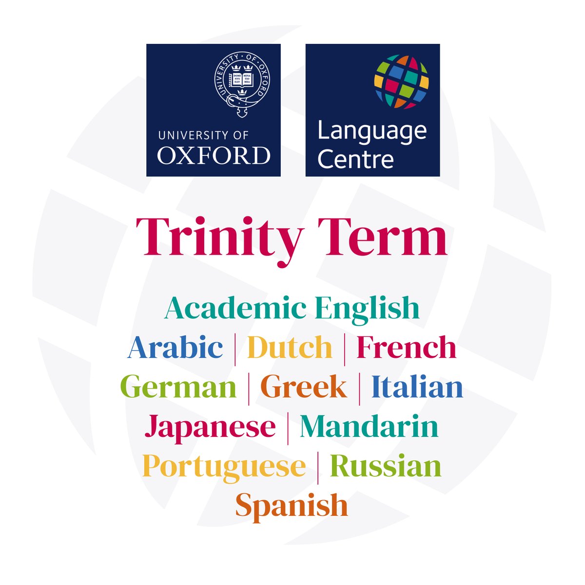 Enrol now for Trinity term Modern Languages courses @OxUniLangCentre! Courses are open to all and will be delivered both online and in person, with several evening classes on offer. Full funding for Oxford students is available. Enrol by noon on 26 April. lang.ox.ac.uk/language-cours…
