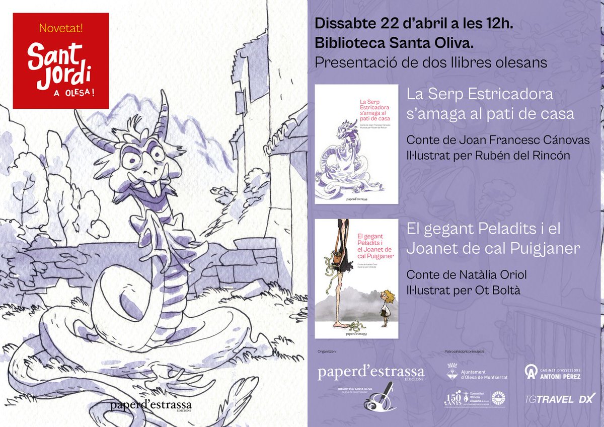 🔴 CONTES OLESANS

📚 Edicions Paper d'Estrassa edita dos #contes basats en històries i llegendes d'#Olesa. Aquests llibres són una de les novetats de l'editorial per a aquest #SantJordiOlesa.

⏰ Dissabte 22 d'abril ens els presentarà a la Biblioteca Santa Oliva a les 12 h.