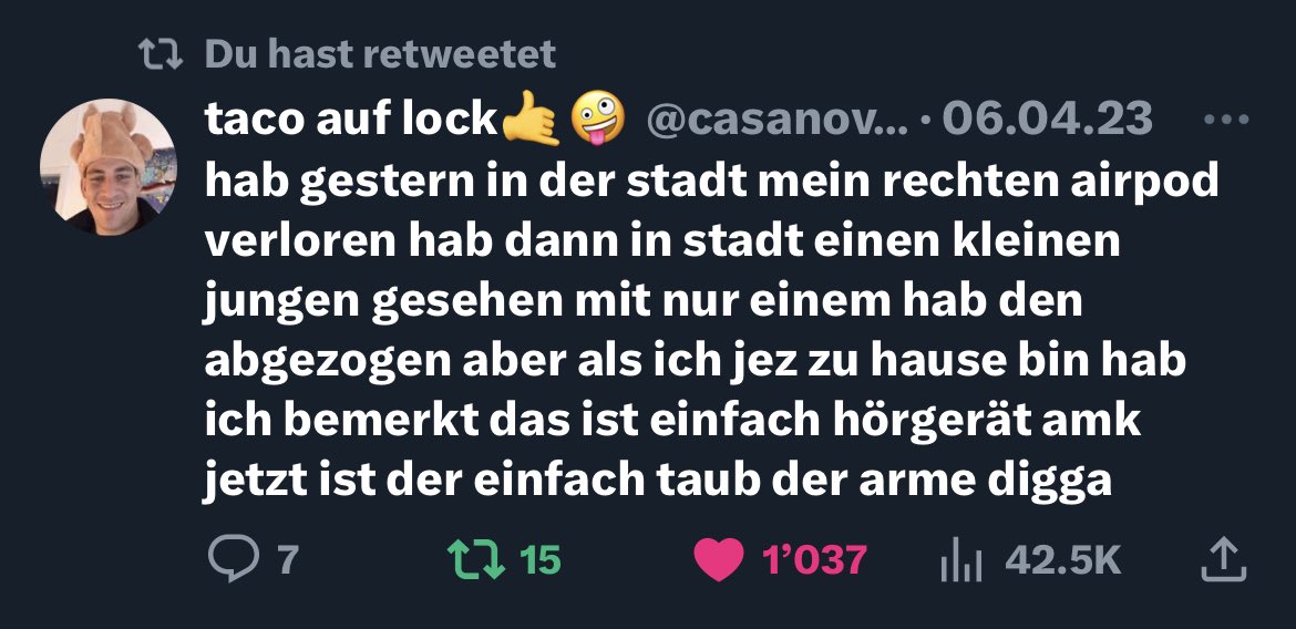 das ist so unfair ich haue banger tweet raus sage taco post du der geht ab er bekommt über 1000 likes mehr für MEINE idee @casanovataco