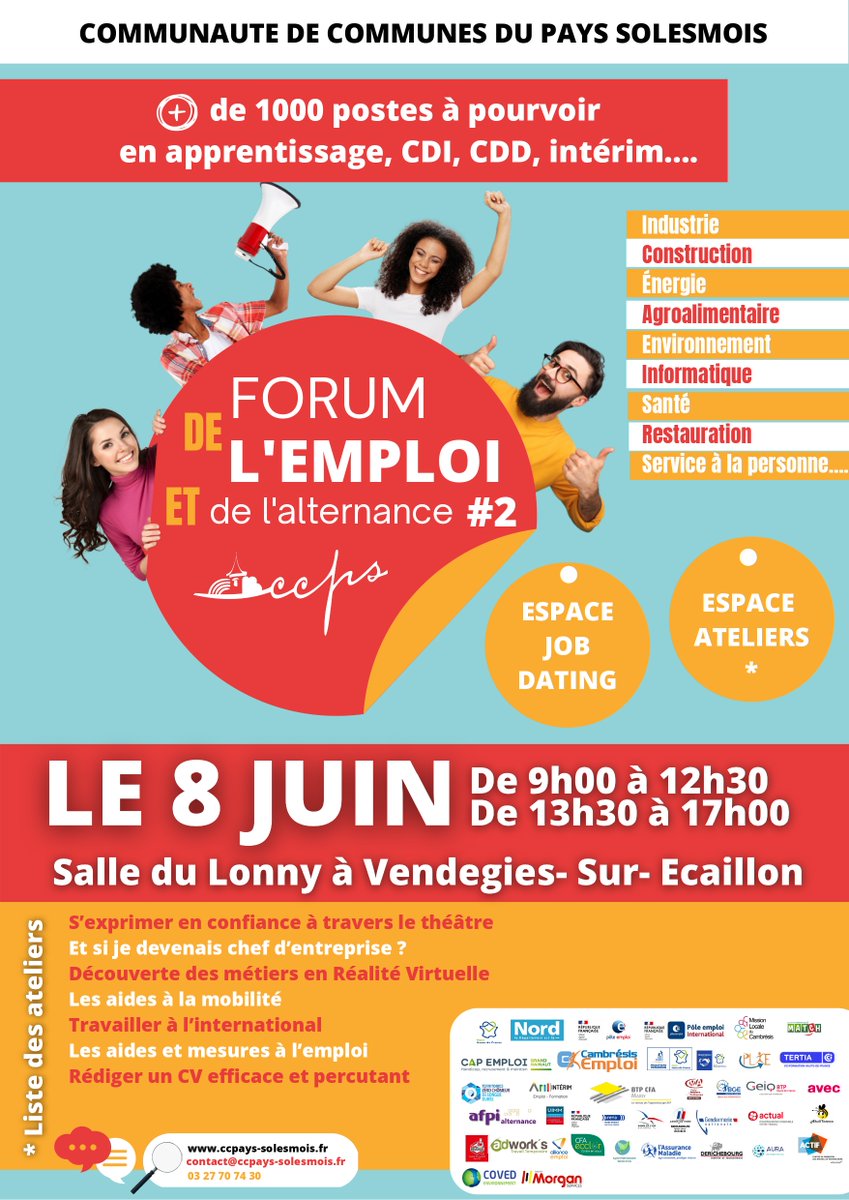 CambresisEmploi's tweet photo. 📢Cambrésis Emploi, et ses dispositifs : #PLIE, #ProchInfoFormation et le #ProchEmploientreprises seront présents au #Forum de l'#Emploi et de l'#alternance, organisé par la #CCPS, le :
📅: 08 Juin 23 - 9h00 à 12h30 et de 13h30 à 17h00
👉: Salle du Lonny - Vendegies-Sur-Ecaillon https://t.co/pTNxmFyR2u