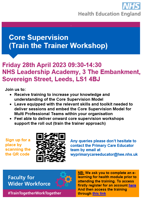 The Primary Care School are offering a free training opportunity to enable staff to learn more about the Core Supervision Model which aims to promote integration as a team through multi-professional involvement and contributes to provision of support for staff wellbeing. (1/2)