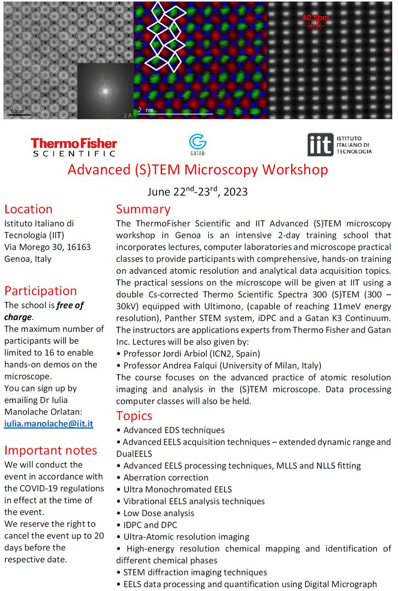 GDivitini's tweet photo. We are hosting a joint 2-days electron microscopy workshop @IITalk in Genova with @thermosciEMSpec and @GatanMicroscopy in late June - come and enjoy talks from academics and application scientists, and attend demos for operation of our Spectra S/TEM and data analysis! https://t.co/OEQ1JcC2RD