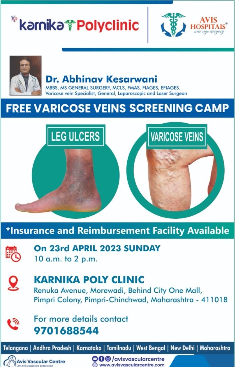 Free Varicose veins screening camp on 23rd April 2023(Sunday) at Karnika Polyclinic, Pimpri-Chinchwad, Pune by AVIS Hospital.
For more details contact: 9701688544

#varicoseveins #PimpriChinchwad #pune #maharashtra #KarnikaPolyclinic #drabhinavkesarwani  #legs #surgery #surgeon