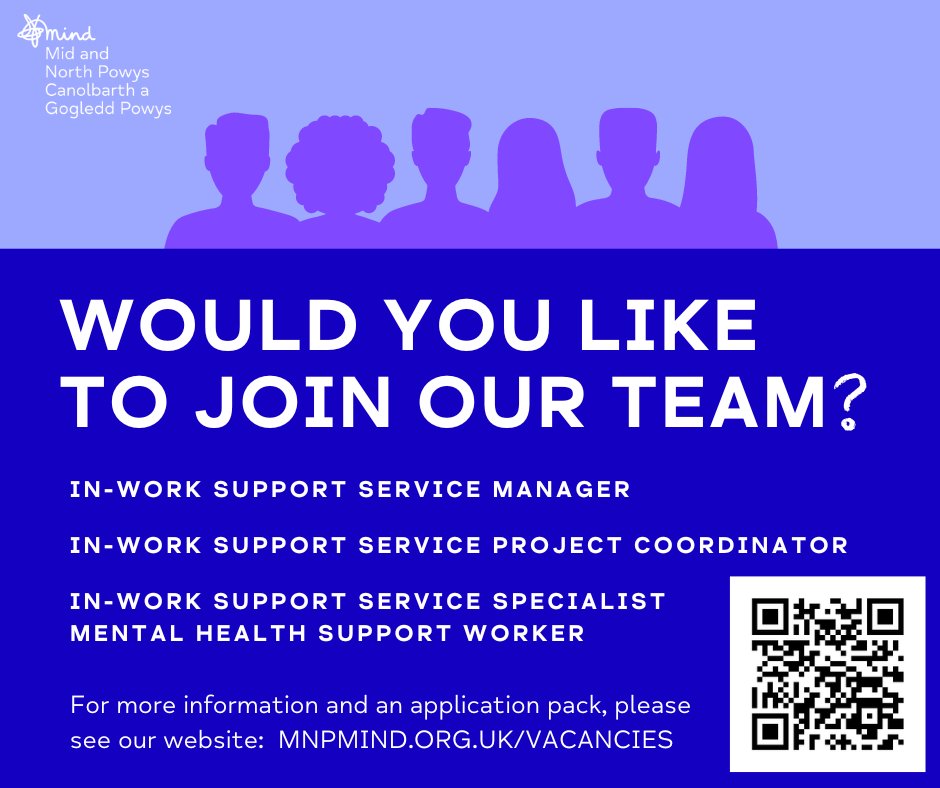 Would you like to join our team?  We currently have three vacancies in our In-Work Support Service team.  For more details, please see our website: mnpmind.org.uk/vacancies.  Look forward to hearing from you.