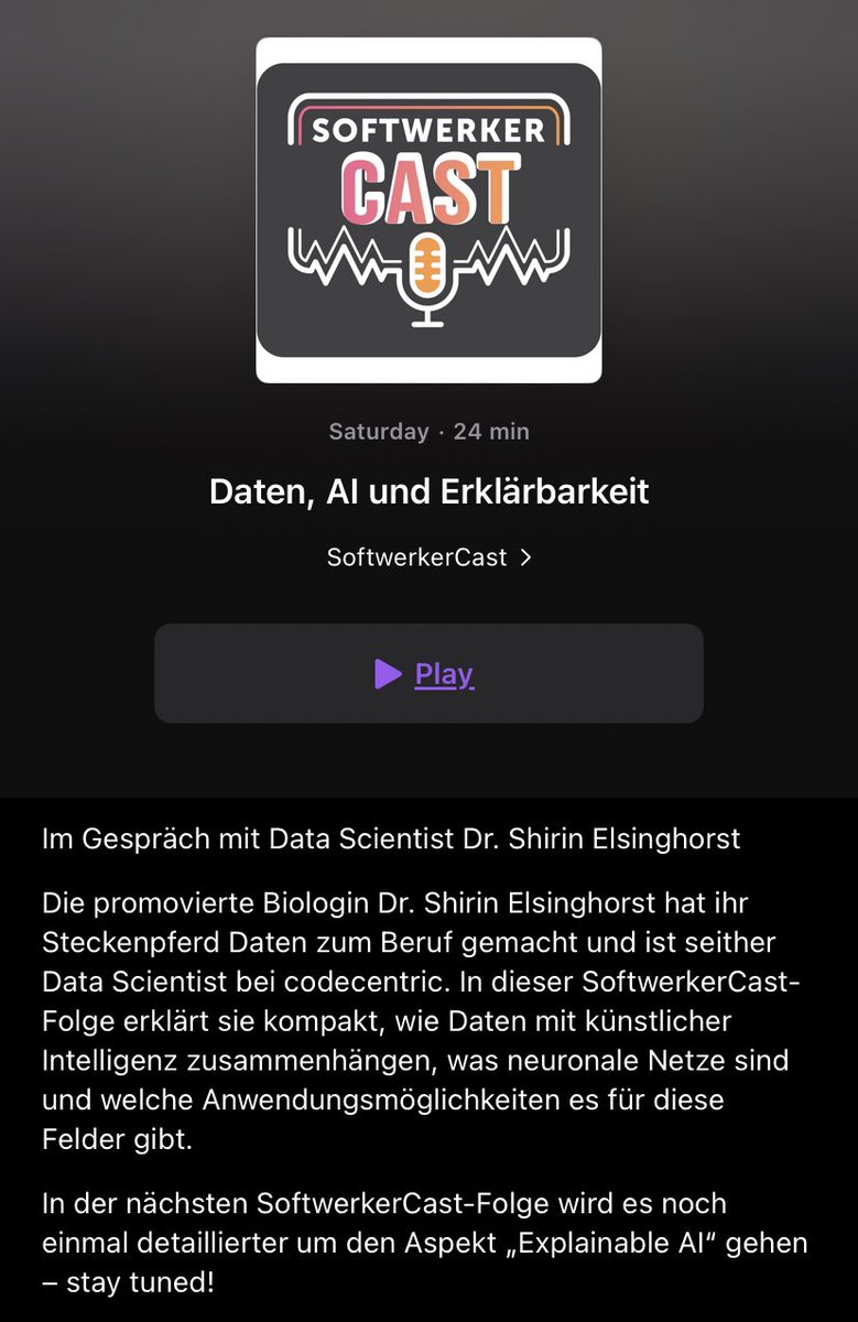 ShirinGlander's tweet photo. Im aktuellen Softwerker Cast gebe ich einen Einblick in Daten und Künstliche Intelligenz: was hat das eine mit dem anderen zu tun, welche Datentypen gibt es, was sind eigentlich neuronale Netze und wofür sind sie gut? 👩‍💻📊📈🧠🕸️

In Teil 2 wird es dann um Explainable AI gehen. https://t.co/jc2zT2C3e8