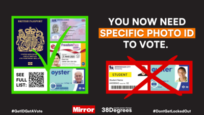BetterWorld2019's tweet photo. The UK Government has recently changed voting rules, now requiring specific #photoID to vote at local #elections on 4 May. @38degrees is working with @DailyMirror to make sure as many people as possible are #electionready, not locked out. #GetID, Get a vote. #BetterWorld2019 https://t.co/hs9bh2ULPD