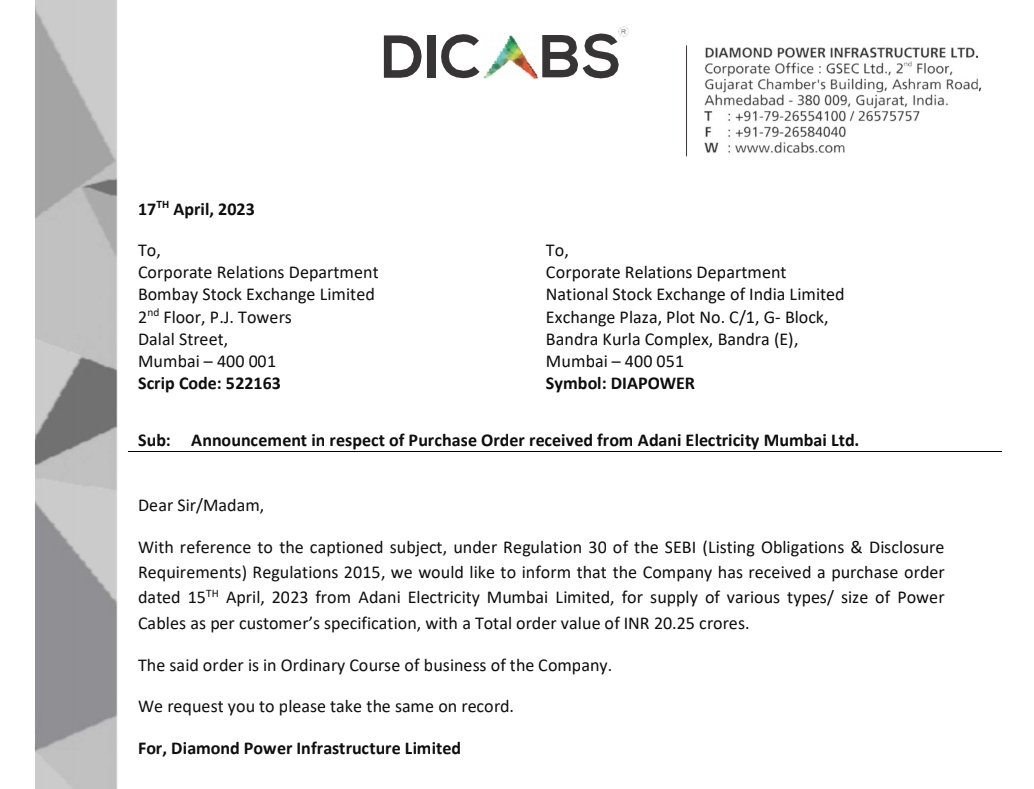 MarketVedantA's tweet image. Diamond Power Infrastructure receives order from Adani Electricity Mumbai for supply of various types/ size of Power Cables as per customer's specification, with a Total order value of INR 20.25 crores.

#DiamondPowerInfrastructure #receives #order #AdaniElectricity #Mumbai