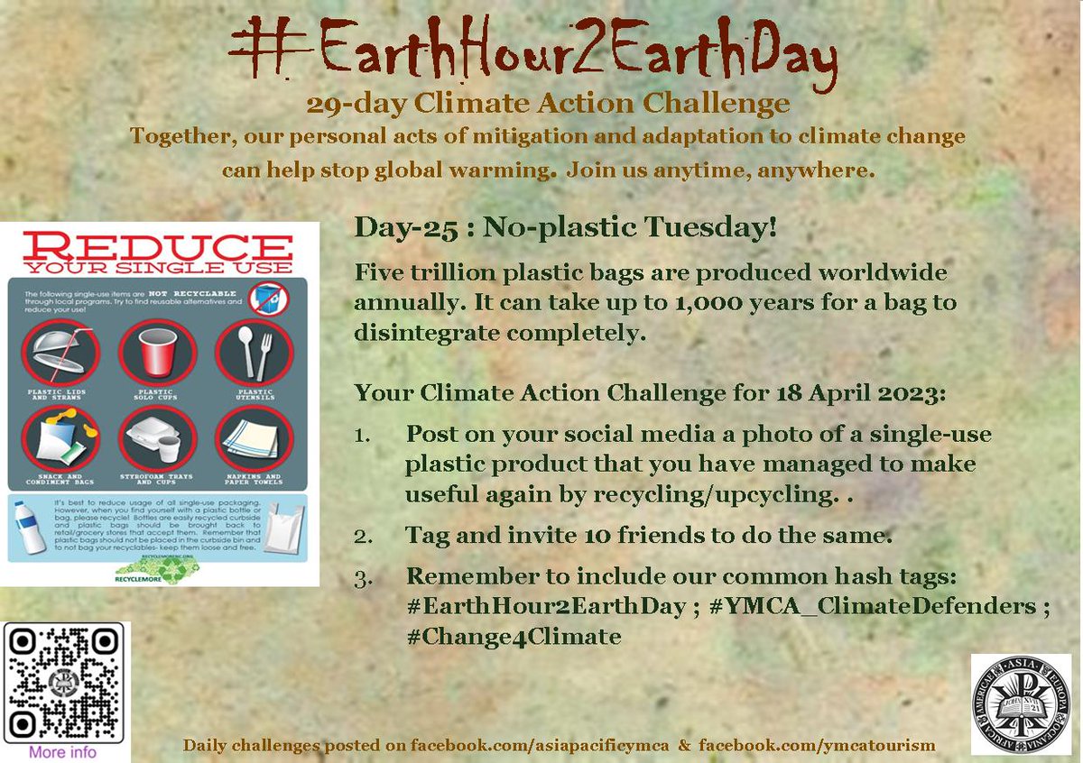 Here's your Climate Action Challenge for Day-25 (18 April 2023)
It's not too late to join now.
Let us know you are participating bit.ly/3KNebqg
Please help amplify the campaign.
#EarthHour2EarthDay
#YMCA_ClimateDefenders
#Change4Climate
#YMCASustainablePlanet