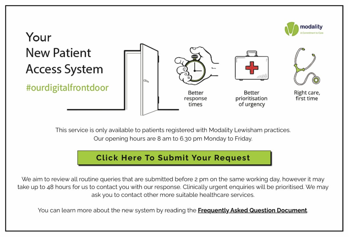 ModalityLewish1's tweet image. Our new Patient Access System has launched today! You can now submit your request to us via our website 8am - 6pm Monday to Friday. Visit conta.cc/3UIOA4F to submit your query or find out more by reading our FAQ document here - conta.cc/3ocQ2jv