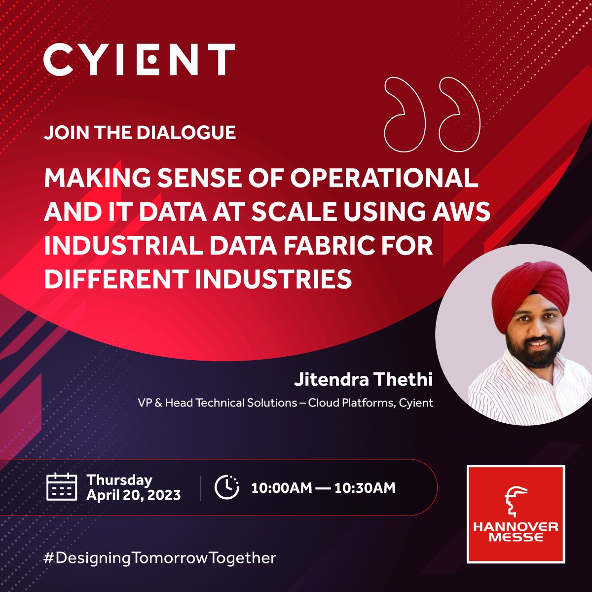 The excitement is building! Join Jitendra Thethi, VP &amp; Head Technical Solutions, Cloud Platforms as he shares expert insights on “Making Sense of Operational and IT Data at Scale Using AWS Industrial Data Fabric for Different Industries.”

bit.ly/40mxESY 

#HannoverMess