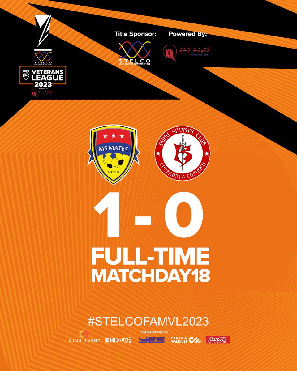 #STELCOFAMVL2023MD18  Full-time
#MaldivesSoccerMates 1
#BuruSportsClub 0
.
#STELCOFAMVL2023 #famveteransleague2023 #famveterans #FAMVL2023 #PowerdByMaldivesPostLtd