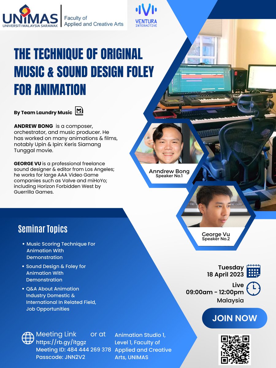 _AndrewBong's tweet photo. Organized by Universiti Malaysia Sarawak (UNIMAS)/Ventura Interactive, I will be guest speaking/lecturing to young animation students and other disciplines about music and sound for animation, including never done before live demonstrations.
 #animation #musicscoring #audio https://t.co/5EUDK36i9P