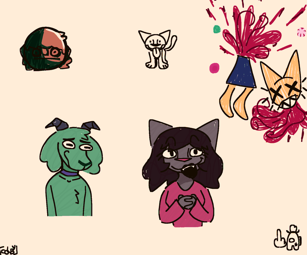 ColbyExtracheez's tweet photo. Some slightly older doodles from December ( as usual lmao ) of some cool music peeps ( also some random cat and among us ? ) @lobsterfight1 @stomachbook66 @Weatherday_PC https://t.co/3Vskpv0Zsy