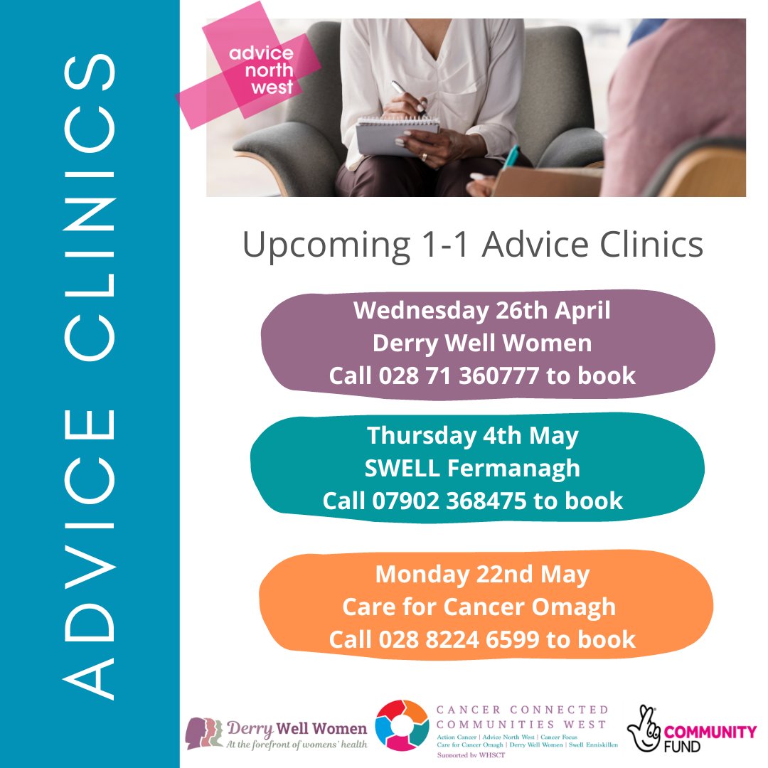 Cancer Connected Communities West (@cancerconnected) on Twitter photo 📢 Our partner <a href="/north_advice/">AdviceNorthWest</a> are running 1-1 advice clinics in Derry, Omagh and Fermanagh for those who have experienced a cancer diagnosis, their families or carers who need advice in relation to:
✨Benefits
✨Employment
✨Family Issues
✨Housing
✨Debt
✨Access to Health 📢 Our partner <a href="/north_advice/">AdviceNorthWest</a> are running 1-1 advice clinics in Derry, Omagh and Fermanagh for those who have experienced a cancer diagnosis, their families or carers who need advice in relation to:
✨Benefits
✨Employment
✨Family Issues
✨Housing
✨Debt
✨Access to Health