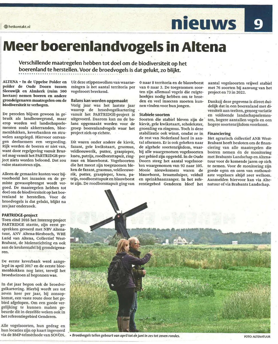 Goed nieuws voor de broedvogels in Altena. Zowel het aantal soorten als het aantal territoria boerenlandvogels nam toe in het @PARTRIDGE_NSR demogebied.