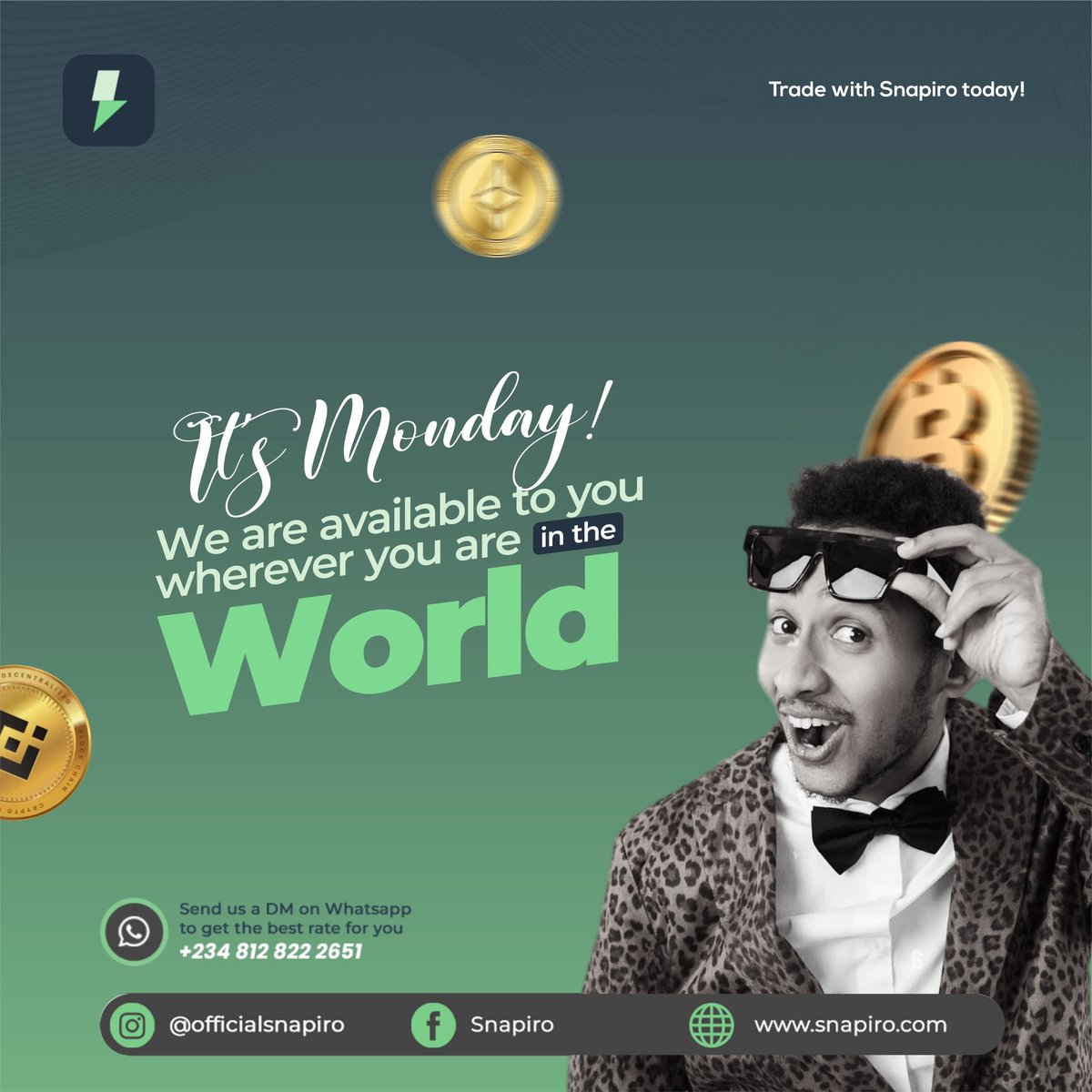 getsnapiro's tweet photo. A good Monday serves as a springboard for a good week. Wherever you are, start off the week with a good transaction today
#Snapiro #btc #bnb #eth #usdt #P2P https://t.co/GVgeKV6u6O