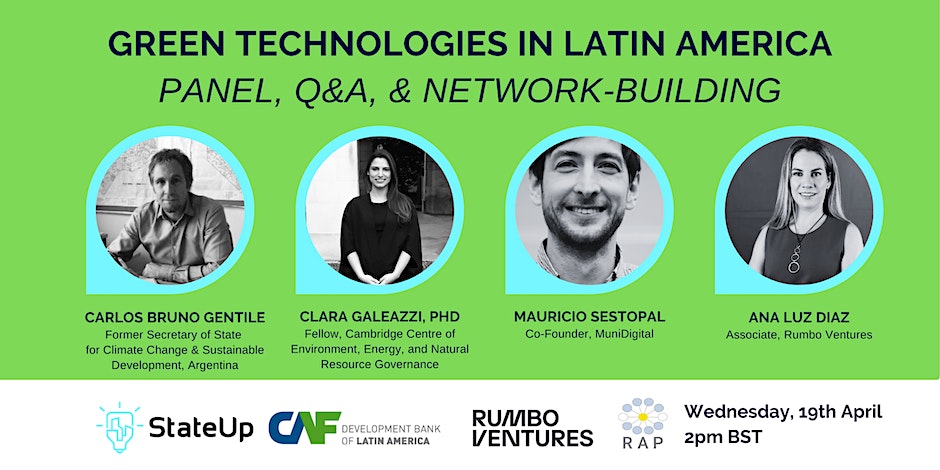 I am really looking forward to our upcoming <a href="/StateUpHQ/">StateUp</a> panel discussion + Q&amp;A on the future of green tech in Latin America 🌱
Join us on Wednesday online or in-person in Cambridge to hear from leading experts in climate, technology, public policy, and VC:
eventbrite.com/e/green-techno…