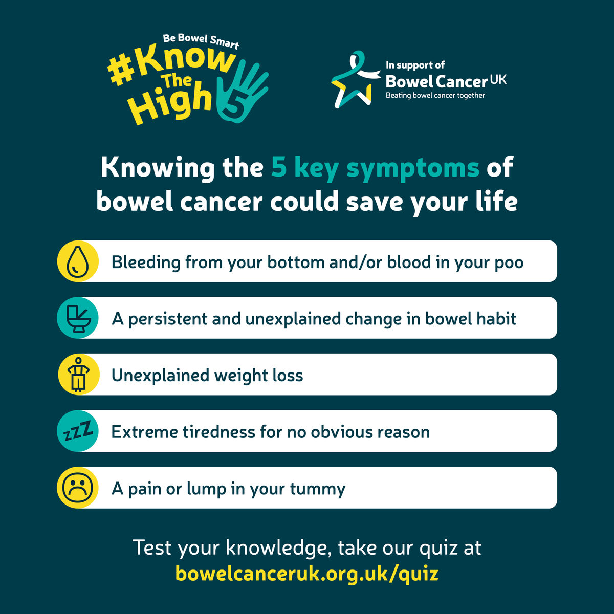 LeedsHospitals's tweet photo. One person is diagnosed with #BowelCancer every 15 minutes. Knowing the symptoms could save your life.

We’re supporting @bowelcanceruk to raise awareness and help everyone to #KnowTheHigh5 symptoms.

Take the quiz and learn the signs: https://t.co/s73ZnhP8ni https://t.co/qiMtrFyFAa