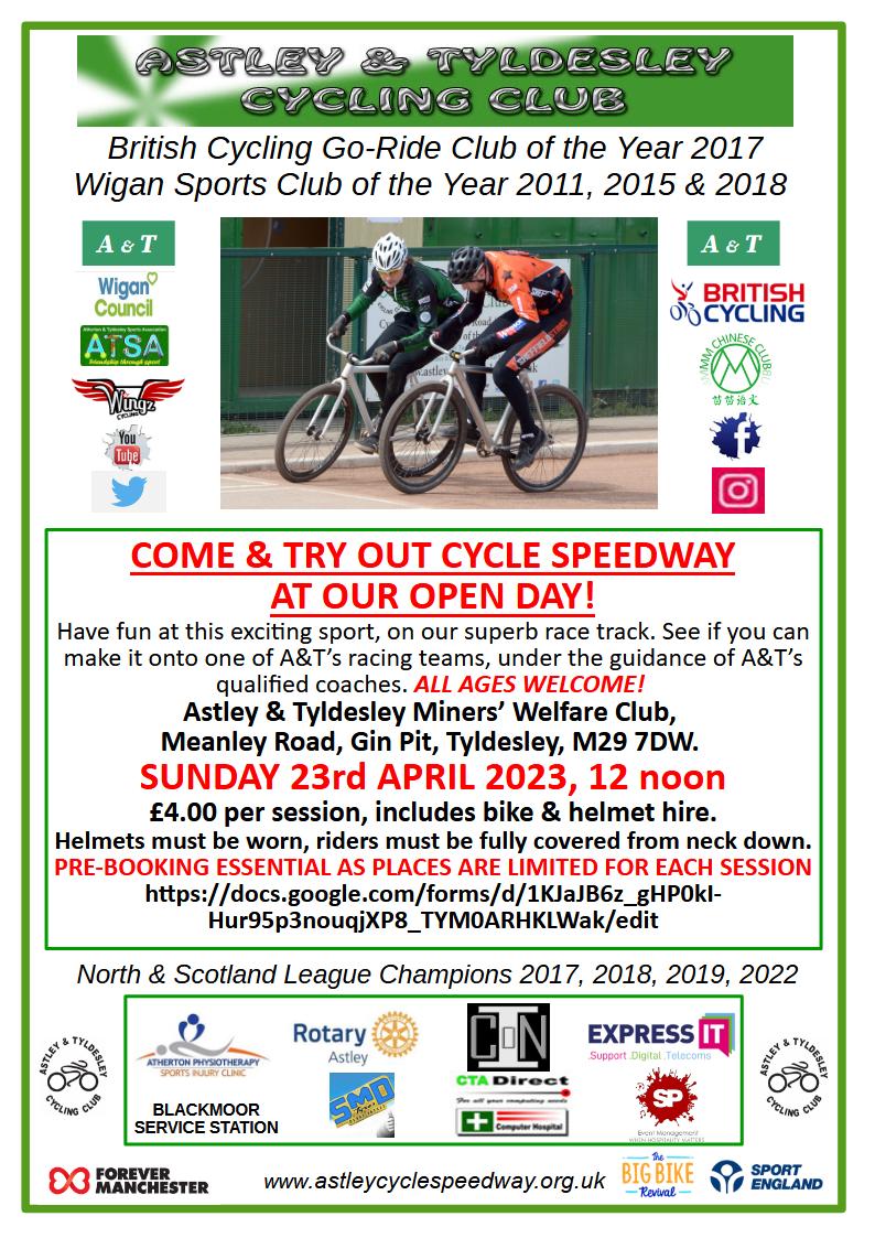 BOOK NOW FOR THE ASTLEY &amp; TYLDESLEY CYCLE SPEEDWAY OPEN DAY! 
docs.google.com/forms/d/1KJaJB…
@BewellW <a href="/ForTyldesley/">For Tyldesley</a> #ATSA <a href="/Claire_journo/">Claire Hannah</a> <a href="/CyclingUK_NW/">Cycling UK North West</a> <a href="/TheAces/">Belle Vue Speedway</a> <a href="/BC_NorthWest/">BC North West</a> <a href="/WingzTeam/">Wingz</a> <a href="/AccessSport/">Access Sport</a> <a href="/Idaraya_Life/">Idaraya Life C.I.C</a> <a href="/MrGSGC/">Mr Grogan</a> <a href="/WomenCyclingMcr/">WomensCyclingMcr 🐝🚴🏿‍♀️🚴🏽‍♀️🚴🏻‍♀️</a> <a href="/letsride_NW/">Let's Ride North West</a> <a href="/BritishCycling/">British Cycling</a> <a href="/mcr_cycling/">Manchester Cycling Academy</a>