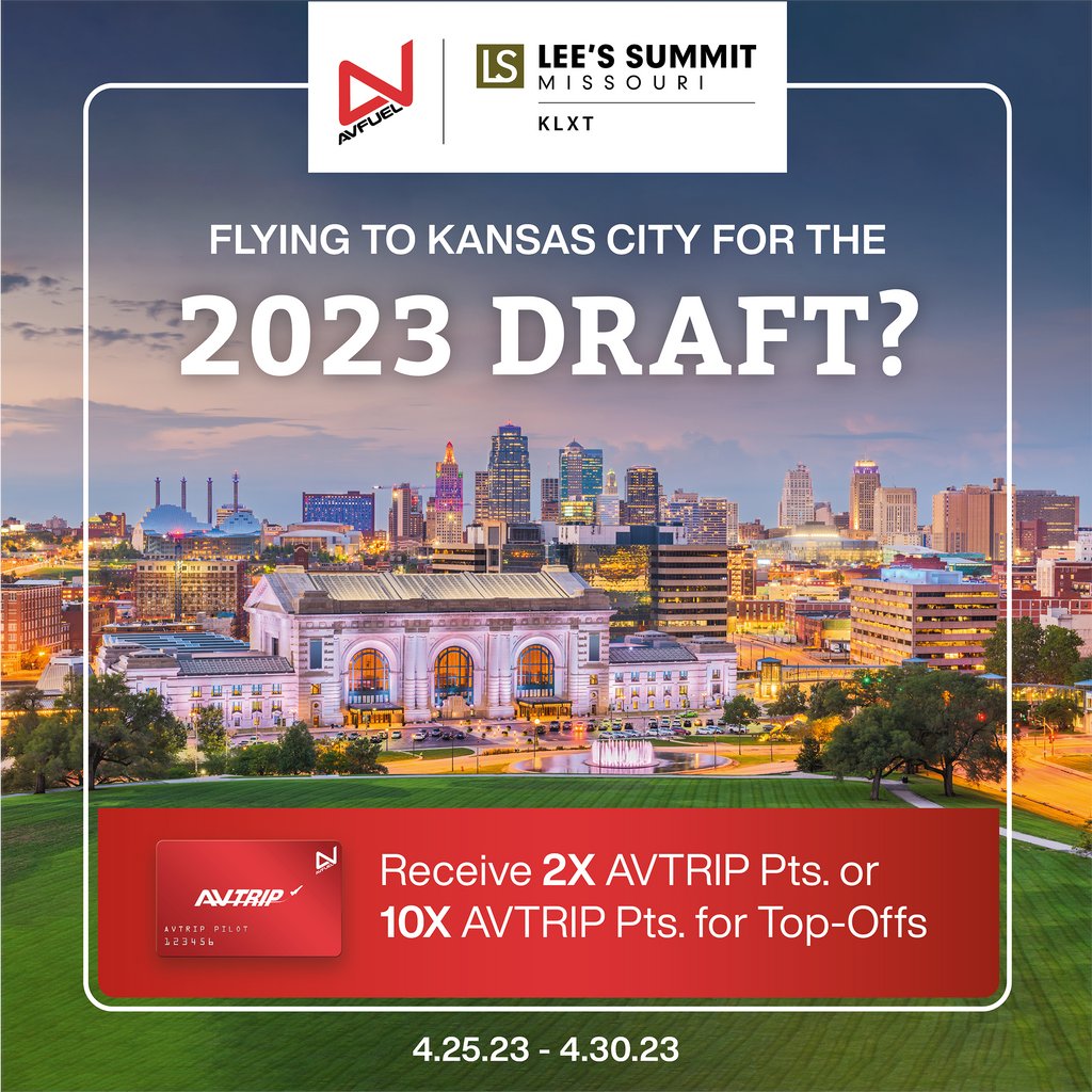AVFUEL's tweet image. It’s getting drafty in Kansas City! The 2023 pro football draft blows into Union Station April 27-29, and @Lee's Summit Airport (KLXT) is celebrating with a gust of AVTRIP Points: 2x points on fill-ups or 10x points on top-offs April 25-30!

#2023Draft #Avfuel #KLXT #NFLDraft