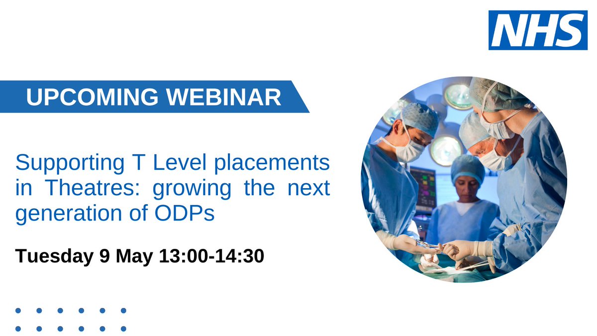 🔔 We are hosting a webinar exploring the fantastic value of supporting T Level (Health) students through industry placements in Theatres / Perioperative Care 🔔 

 🗓️  Tuesday 9 May 2023

🕰️ 13:00- 14:30

For further information &amp; to sign up, click here: orlo.uk/O9Viq