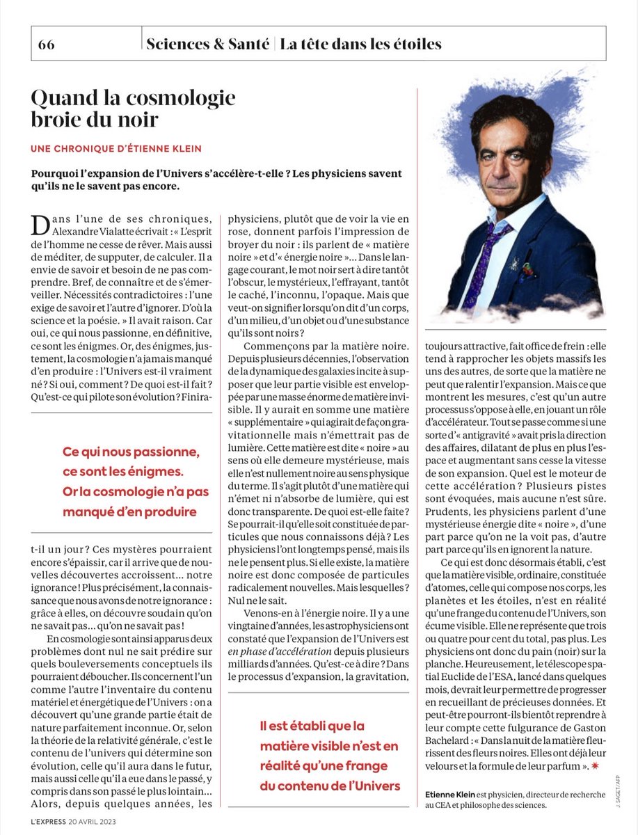 EtienneKlein's tweet photo. Les physiciens, plutôt que de voir la vie en rose, semblent broyer du noir : ils parlent de « matière noire » et d'« énergie noire »... Mais c’est pour la plus grande joie de leurs neurones ! ⁦@LEXPRESS⁩ https://t.co/W8YRlgOl9P