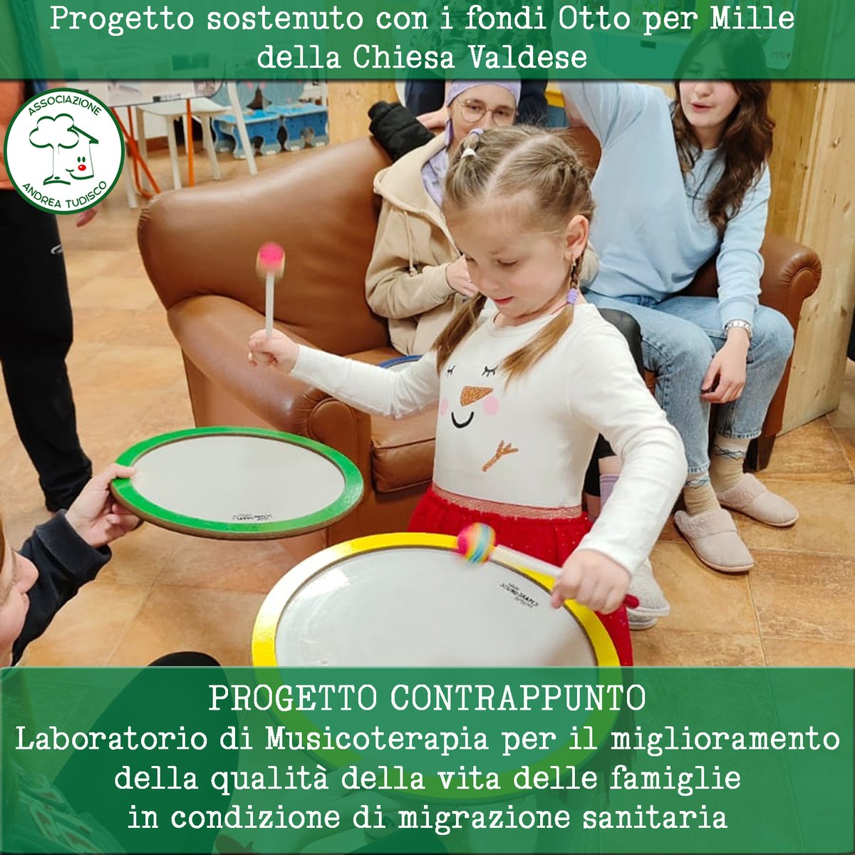 La musica è come la vita: si può fare in un solo modo, insieme. (Ezio Bosso)
Insieme: una delle parole fondamentali della Casa di Andrea.
Laboratorio di Musicoterapia per i bambini e i genitori.
Progetto finanziato con i fondi <a href="/8x1000Valdese/">OttoperMille Valdese</a>