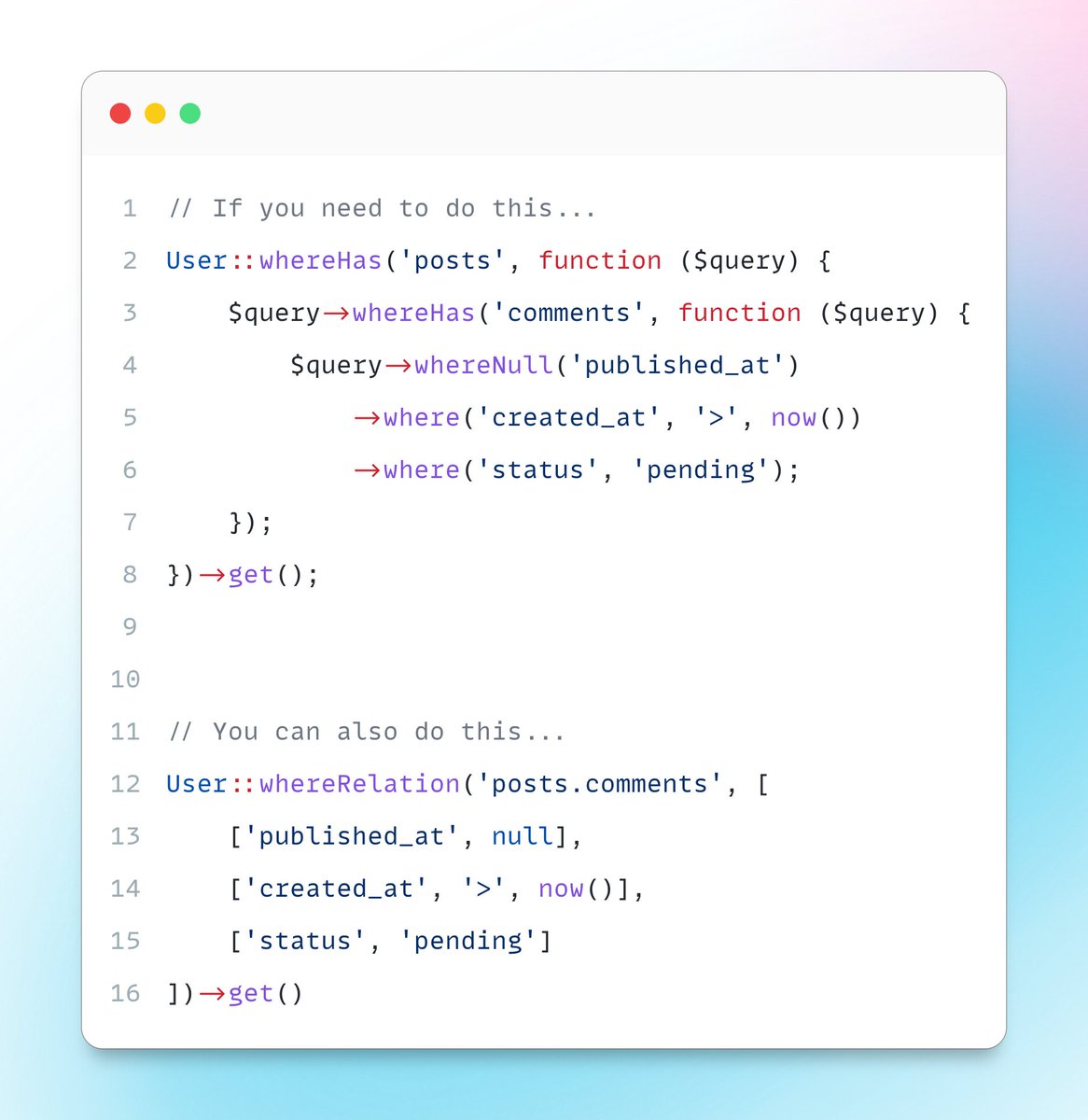 _newtonjob's tweet photo. ⚡️ #Laravel devs, are you differing more work to #Eloquent?

Did you know that the whereRelation() method can do more than you might expect?

Most times, your whereHas() may be even more succinct with whereRelation(). https://t.co/H8prK9gx2A