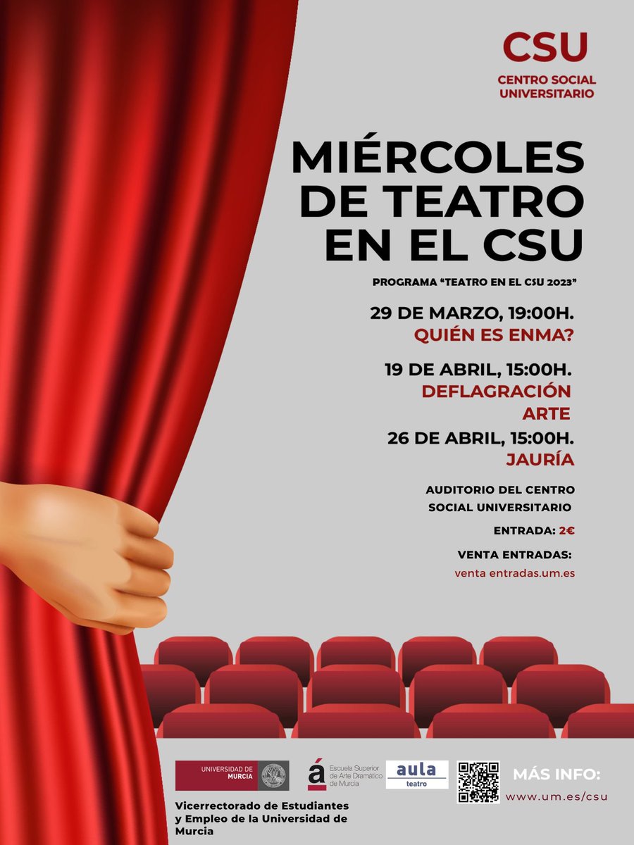 CentroSocialUMU's tweet photo. Vuelven los miércoles de teatro en el CSU❗️

🎭19 de abril a las 15h. 
Deflagración 
Arte

🎭26 de abril a las 15h.
Jauría

En colaboración con la Escuela de Arte Dramático de Murcia 
 
Consigue tus entradas aquí https://t.co/la1OxYfZUR https://t.co/fGPH8lpk4S