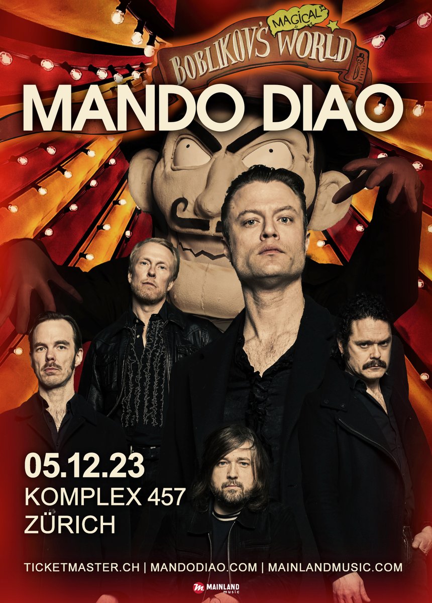 𝚜𝚝𝚊𝚍𝚝𝚔𝚘𝚗𝚣𝚎𝚛𝚝𝚎.𝚌𝚑 𝚙𝚛ä𝚜𝚎𝚗𝚝𝚒𝚎𝚛𝚝:
<a href="/mandodiaomusic/">Mando Diao</a> legen mit ihrem neuen Album "Boblikov’s Magical World" (VÖ: 28.04.) und den älteren Hits im Gepäck am Di 5. Dezember einen Halt im <a href="/KOMPLEX457/">KOMPLEX 457</a> in Zürich ein.
➡️ stadtkonzerte.ch/artists/mando-…